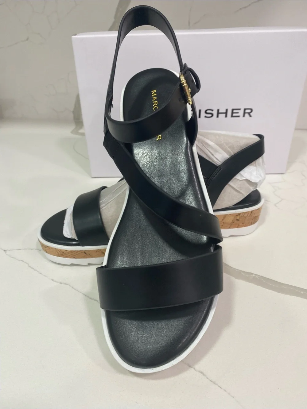 Marc Fisher Black Platform Cork-Trim Sandals